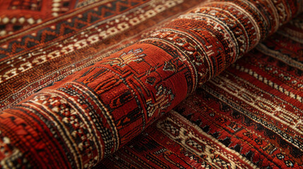 A red oriental rug with a pattern of people and animals
