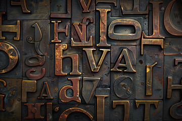 The image is a collage of old-fashioned metal letters, including the alphabet