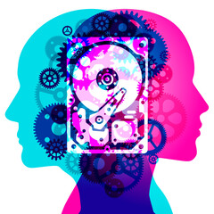 2 back-to-back human profiles overlaid with a hard drive and gears. The hard drive and gears represent the complexity of the mind and the processing power of technology.