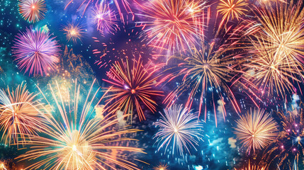 Naklejka premium Vivid fireworks light up the night sky with colorful bursts
