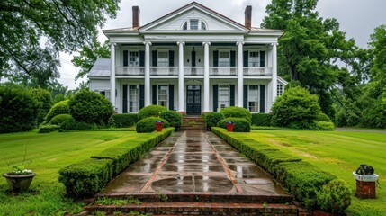 White Antebellum Mansion with a Formal Garden