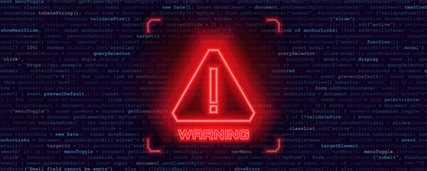Danger sign. Hacked system or cyber attack. Warning symbol on the screen. Vector illustration. © Igor