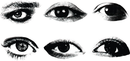 Eyes with monochrome halftone stipple effect, for y2k collage design. Elements in brutalist retro photocopy design. Vector illustration