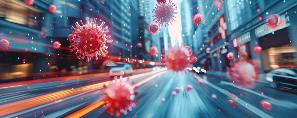 A city street in the background, blurred by speed and light effects, with some colorful cartoonish corona virus particles flying around it