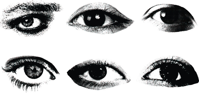 Eyes with monochrome halftone stipple effect, for y2k collage design. Elements in brutalist retro photocopy design. Vector illustration