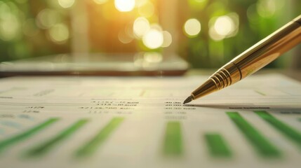 Close-up of a pen on a financial report with bar charts and graphs, illuminated by sunlight, depicting analysis and business concepts.