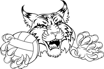 A wildcat cougar lynx lion volleyball animal sports mascot holding a volley ball in his claw