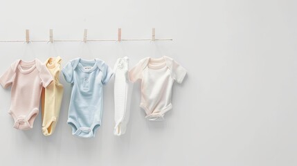 Baby clothes hanging on white background
