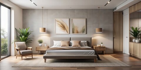 Fototapeta premium Minimalist bedroom with sleek furniture, warm neutral tones, and a statement artwork above the bed, minimalist