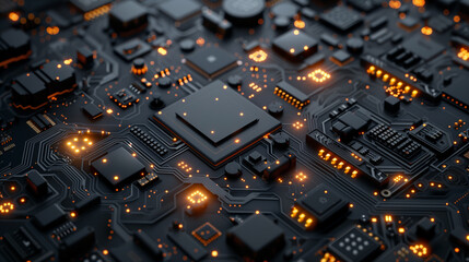 Abstract futuristic background in dark colors. Black abstract microcircuits and processors. AI generative