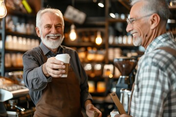 A cheerful barista serves coffee with a smile in a cozy cafe setting, catering to customers.