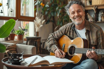 Obraz premium A handsome musician, enjoying playing acoustic guitar in the living room, finds inspiration and relaxation.