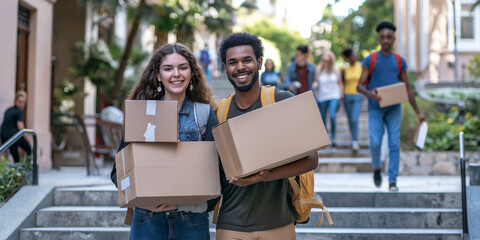 A cheerful young people outdoors, smiling while carrying cardboard boxes together, symbolizing teamwork and happiness during a relocation or move to a new home.