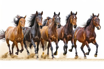 A powerful herd of running horses captured in motion on a white background, showcasing strength and grace with flying manes and hooves kicking up dust.