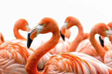 Obraz premium A vibrant flock of flamingos standing close together, showcasing their striking pink feathers and elegant necks on a white background.