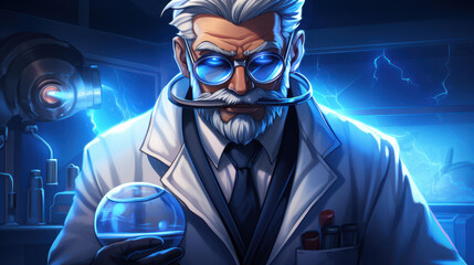 Scientist with mask and gloves examining test tube with glowing liquid.