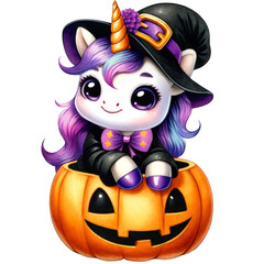 Naklejka premium Cute unicorn witch with a pumpkin