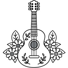 Adult coloring page featuring a hand-drawn guitar with a lovely flower background

