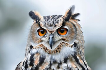 Fototapeta premium Close-up of a majestic owl with intense orange eyes, showcasing its intricate feathers and powerful gaze in a natural setting.