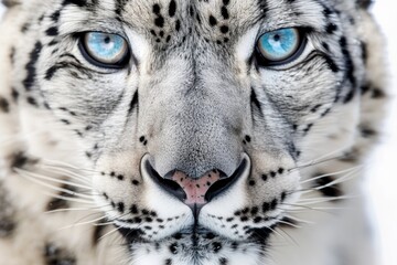 Close-up of a stunning snow leopard with piercing blue eyes, showcasing its beautiful fur and intense gaze. Perfect wildlife stock photo.