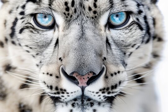 Close-up of a stunning snow leopard with piercing blue eyes, showcasing its beautiful fur and intense gaze. Perfect wildlife stock photo.