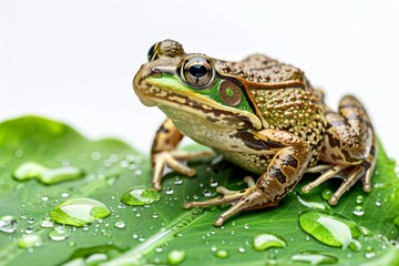 Obraz premium Close-up of a vibrant frog sitting on a green leaf with water droplets, showcasing nature's beauty and amphibian wildlife.
