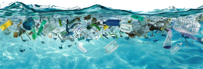 plastic pollution under ocean wave - environmental impact of waste., isolated on transparent background