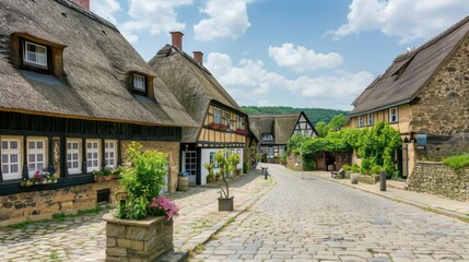 Fototapeta premium Charming Stone Houses with Thatched Roofs in a Picturesque Village