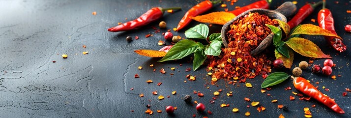 A close-up shot of red chili peppers, crushed and whole, with aromatic basil leaves, on a dark grey surface