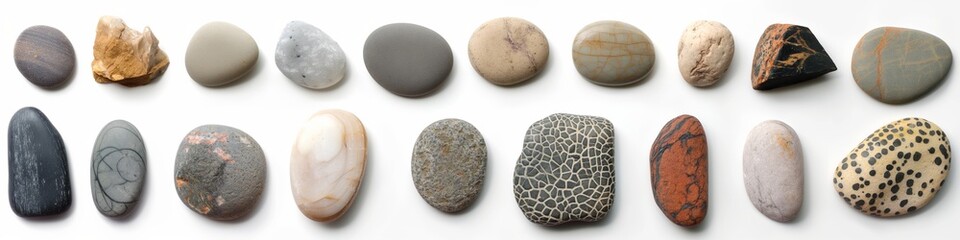 Fototapeta premium Smooth, oval and round stones against a white background, embodying simplicity and harmony. Ideal for conveying a sense of calmness and spiritual balance in natural and decorative settings.