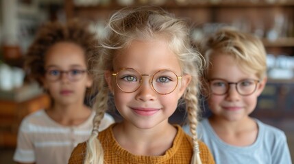 Three young children, wearing glasses, smile for a portrait