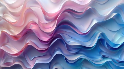 Fototapeta premium Abstract ribbon-like waves in pastel colors flow across the image, creating a visually captivating and artistic representation with soft pink, blue, and purple tones.