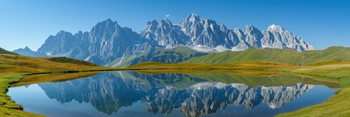 A tranquil alpine lake reflects the majestic peaks of a mountain range under a clear blue sky
