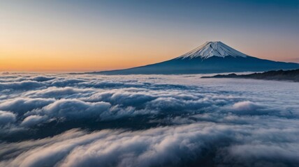 The peak of Mount Fuji emerges from a sea of ​​mist in a stunning morning light.