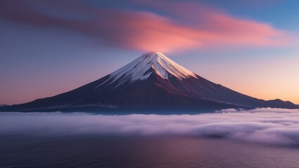 The peak of Mount Fuji emerges from a sea of ​​mist in a stunning morning light.