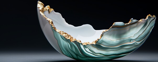 Tropical ocean wave hues, cracked fused aqua carnival glass with kintsugi gold leaf, ebru dipped beauty, subtle suminagahi influence, intricate and rich detail