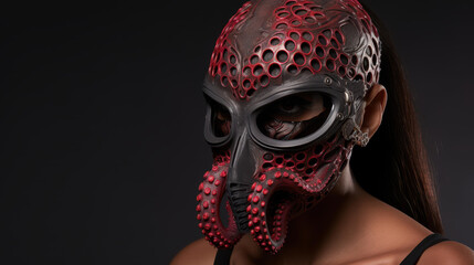 Fashion model in Cthulhu mask, striking horror and beauty.