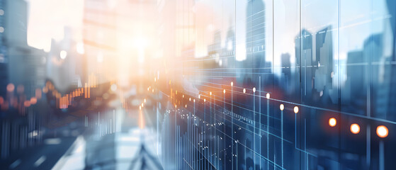 Naklejka premium Modern cityscape and abstract digital chart on foreground, concept of trading and analysis.