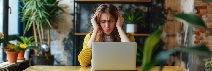 Fototapeta premium Stressed businesswoman at desk with laptop, overwhelmed by work and pressure.