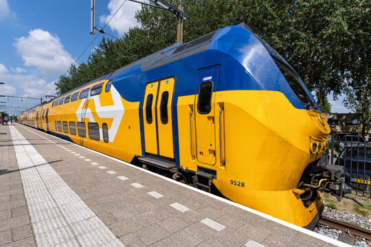 Schagen, Netherlands -June 6, 2024: Nederlandse Spoorwegen VIRM train at Schagen railway station