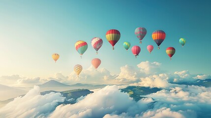 Fototapeta premium Colorful Hot Air Balloons Floating Above Clouds with Mountains: Hyper Realistic Stock Photo