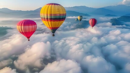 Fototapeta premium Colorful Hot Air Balloons Floating Above Clouds with Mountains: Hyper Realistic Stock Photo