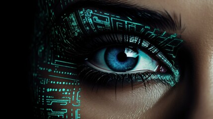 An eye with a futuristic digital technology screen displaying information.