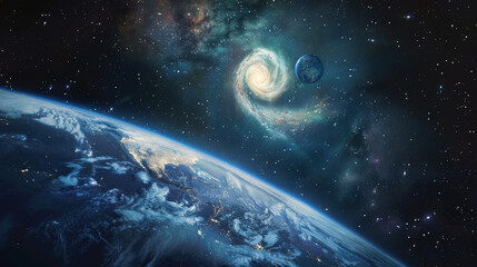 Fototapeta premium A planet with a spiral galaxy in the background