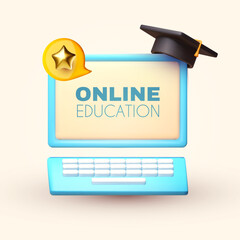 Online education. E-learning concept with computer, speech bubble with achieve star and graduate hat.