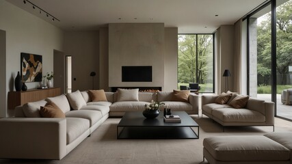 Fototapeta premium minimalist living room with large windows