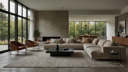 minimalist living room with large windows