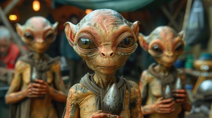 This image shows three extraterrestrial beings holding artifacts in a market-like setup, suggesting a sense of trade or exchange in an exotic environment.