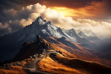 a beautiful landscape with mountains, sunlight , dramatic sky with clouds, beautiful nature for background