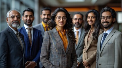 Obraz premium A professional team of confident individuals in formal attire posing for a group photo in a modern office setting, showcasing teamwork, diversity, and a corporate atmosphere.